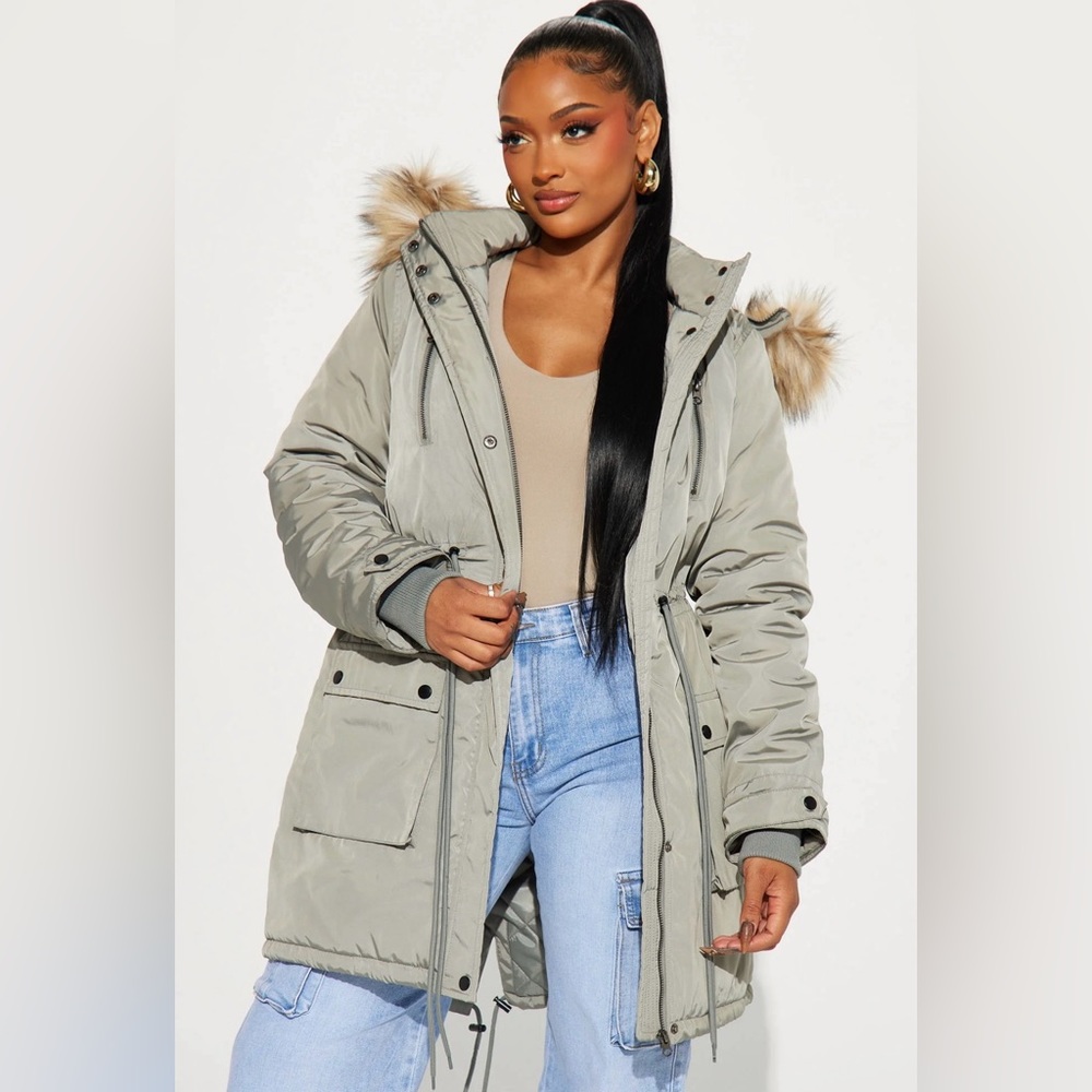 Coat - green/grey XL coat with fur hood